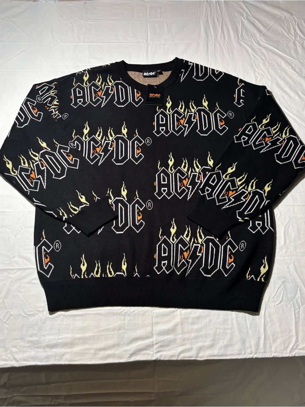 AC/DC Black Crewneck Sweater with Yellow Flame Logo Pattern
